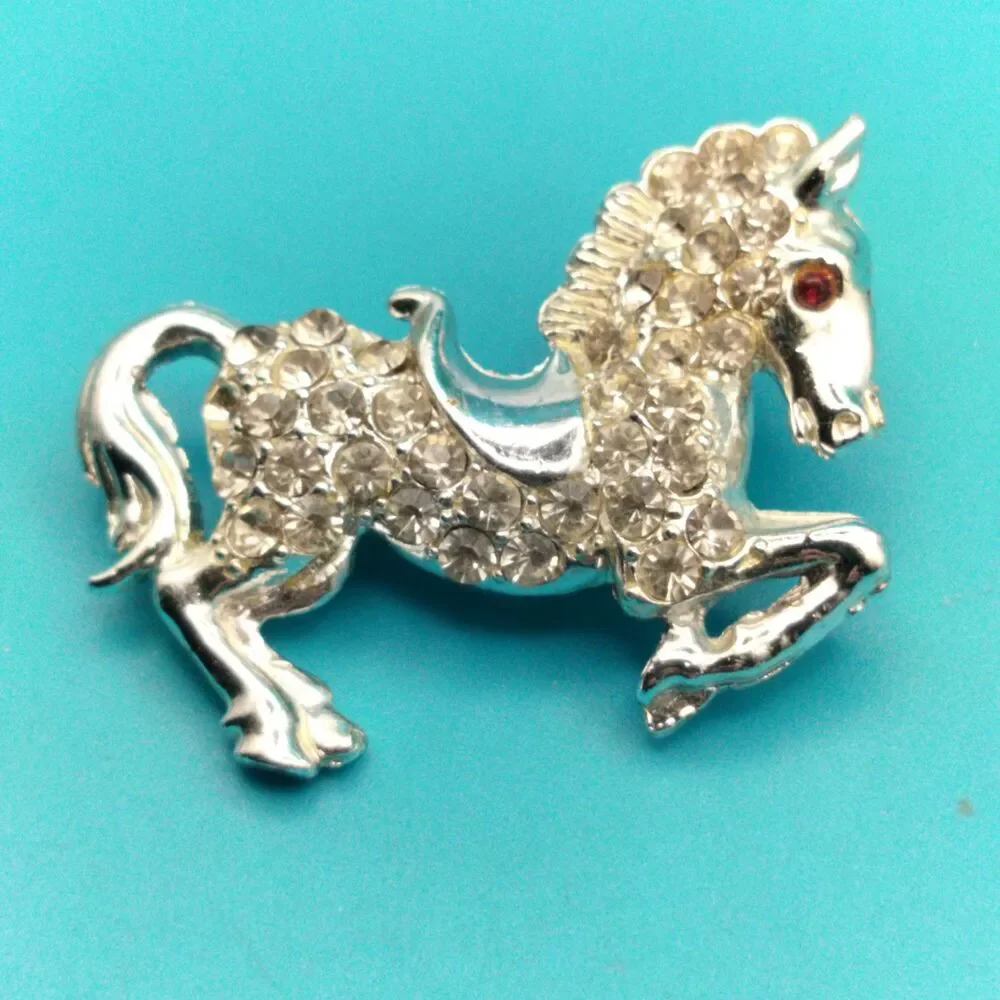 Vintage Rhinestone Horse Brooch Pin Silver Tone Clear Red Eye Equestrian Jewelry